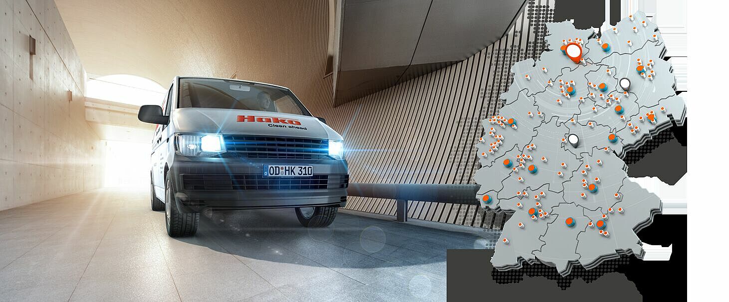 Übersicht der Kontakt- und Servicepunkte des Kundendienstes eines Herstellers von Reinigungsgeräten.